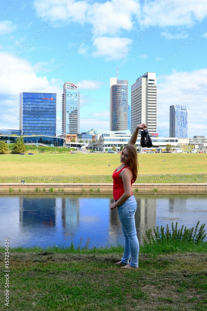 Vilnius city girl and skyscrapers view