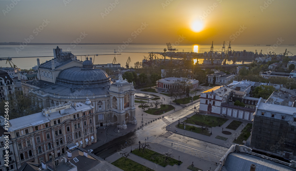 Aerial image of sunrise over the Odessa Opera