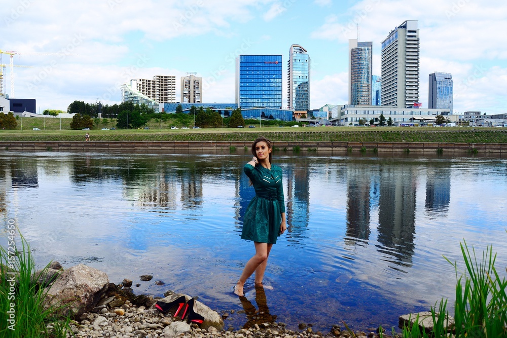 Vilnius city girl and skyscrapers view