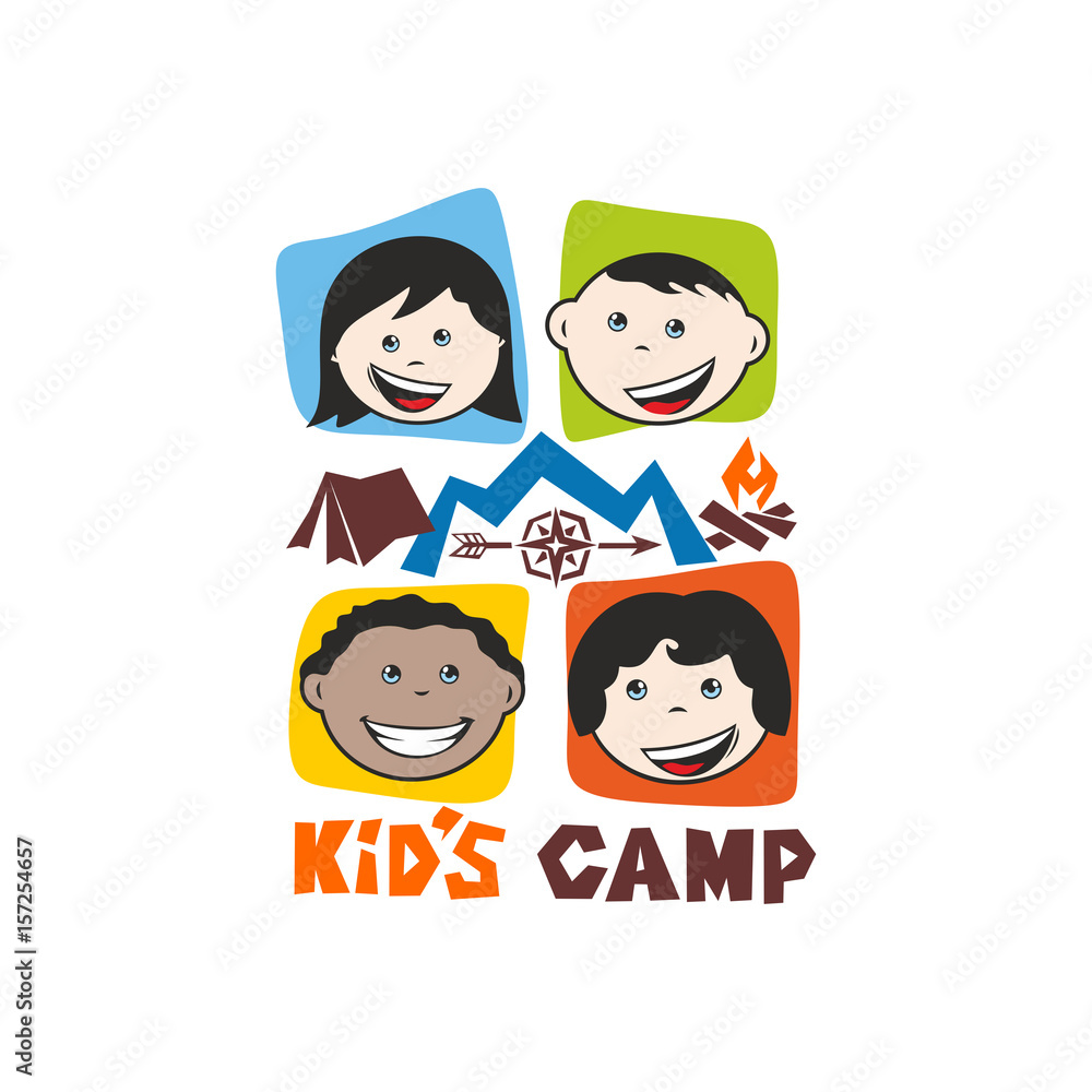 Logo of the kid's camp. Mountains, compass, tent and children Logo of the kid's camp. Mountains, compass, tent and children