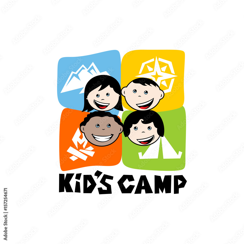 Logo of the kid's camp. Mountains, compass, tent and children