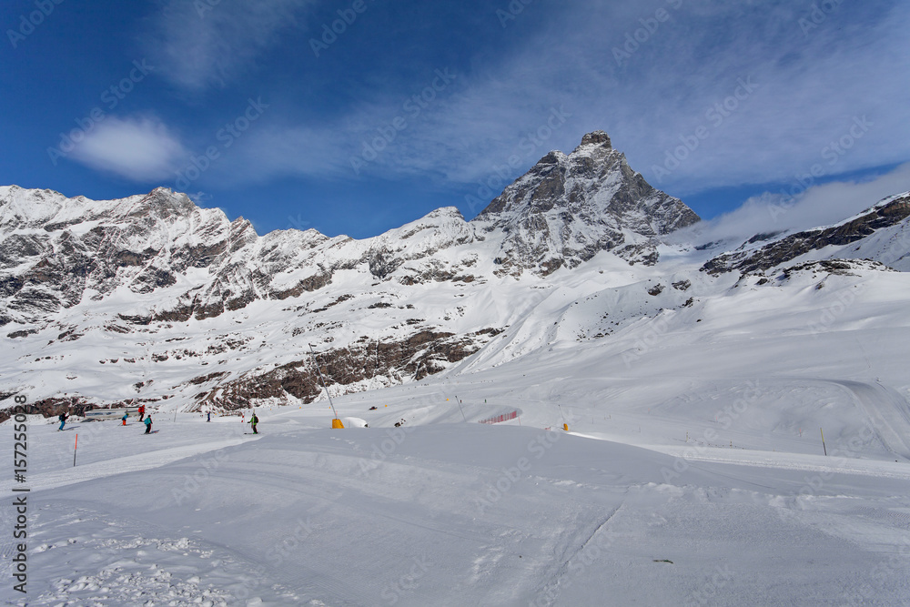 Mountain skiing - view at Matterhorn, Italy, Valle d'Aosta, Breuil-Cervinia, Aosta Valley, Cervinia