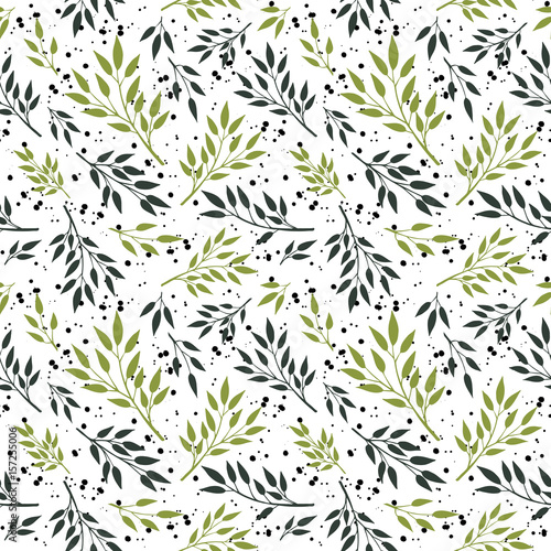 Vector seamless pattern with green branches with leaves and splashes. Fresh summer botanical background