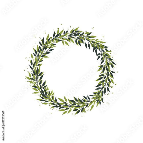 Vector wreath of green branches with leaves and splashes. Beautiful round frame. Decor for invitations, greeting cards, posters.