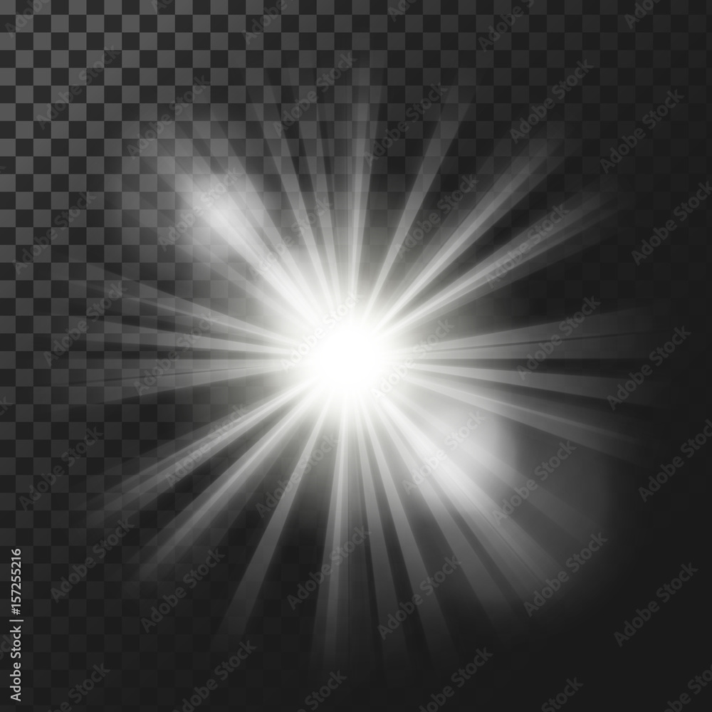 Vector illustration of a white glowing light effect with rays and lens flares isolated on a dark translucent background