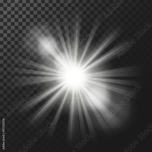 Vector illustration of a white glowing light effect with rays and lens flares isolated on a dark translucent background