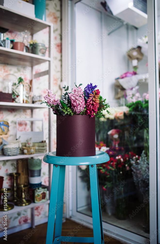 colorful bouquet of hyacinth indoor in flower shop