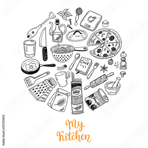Cooking doodles illustration. Kitchen decorations, can be used for design, print or poster