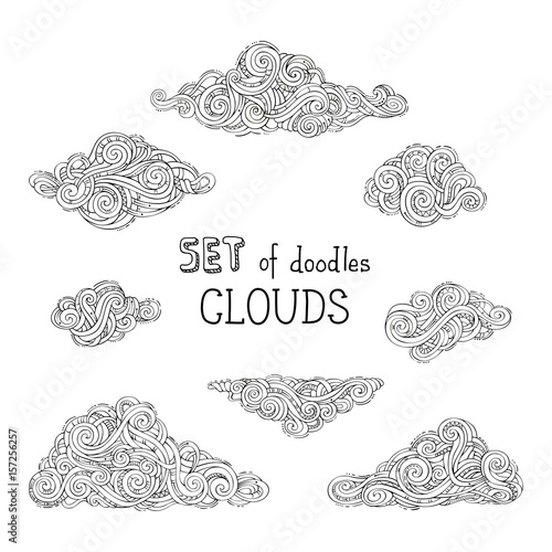 Vector outlined doodles clouds set.