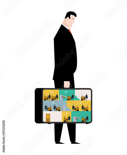 Office in case. mobile Workplace in suitcase. Managers working on computer. Business situation. Boss and subordinate relationship. Tables and File Cabinet. Businessman at work