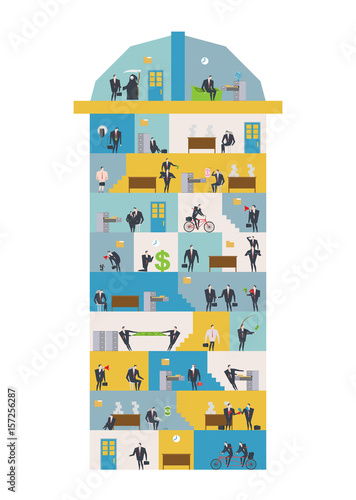 Office life Corporate. Managers in workplace. Business situation. Boss and subordinate relationship. Working time. Tables and File Cabinet. Businessman at work. Office building. job interior. 