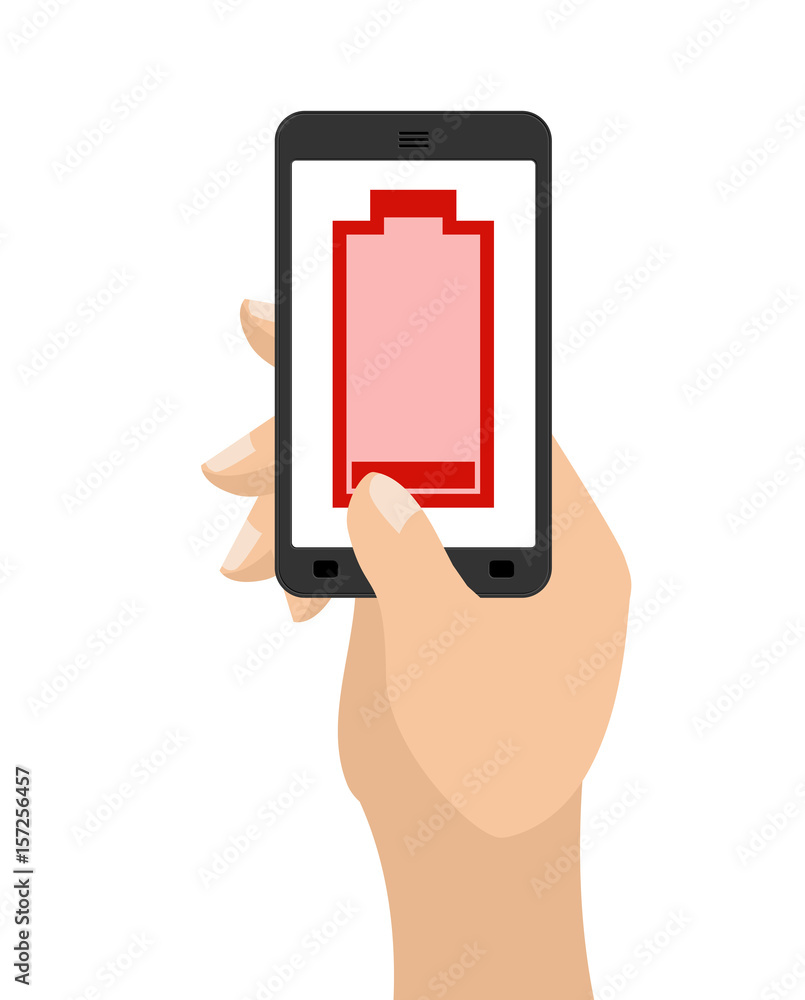 Empty battery life of smartphone. Red accumulator. Hand hold phone Empty battery life of smartphone. Red accumulator. Hand hold phone