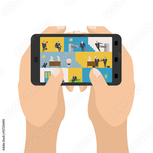 Office in smartphone. Workplace in phone. Managers in work. Business situation. Head and subordinate relationship. Tables and File Cabinet. Businessman at job
