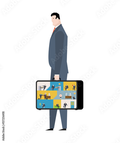 Office in case. mobile Workplace in suitcase. Managers working on computer. Business situation. Boss and subordinate relationship. Tables and File Cabinet. Businessman at work