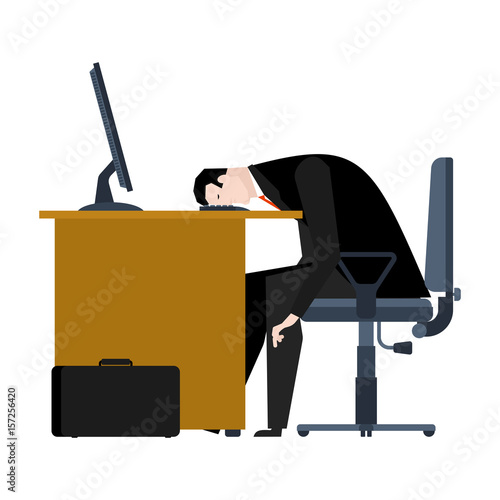 Businessman tired of work. head is on table. manager is weary. Office workplace. Armchair and computer