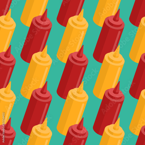 Mustard and ketchup bottle seamless pattern. Fast food seasoning background. Food Ornament