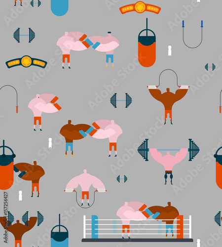 Boxing gym pattern. Hall boxing background and ornament. Boxer training. sparring fight. Skipping rope and belt champion. Barbell and Ring