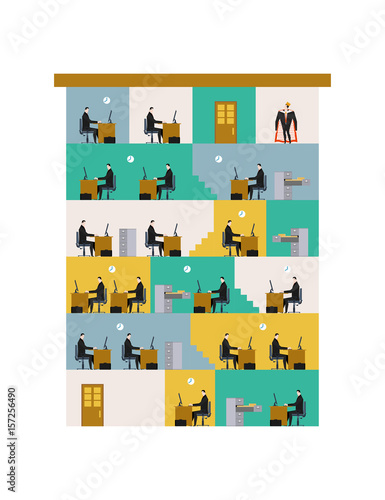 Office life Corporate. Managers in workplace. Business situation. Boss and subordinate relationship. Working time. Tables and File Cabinet. Businessman at work. Office building. job interior