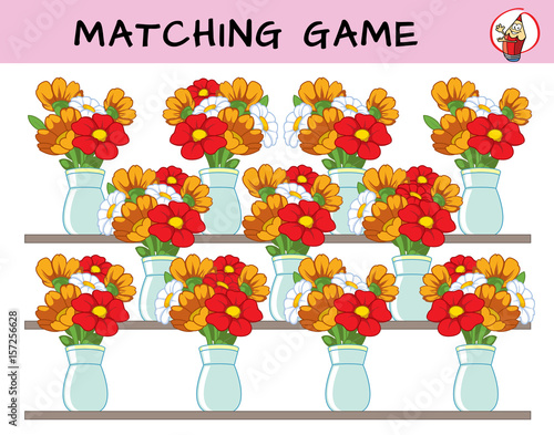 Find a bouquet of flowers without a pair. Educational matching game for children. Cartoon vector illustration