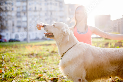 Woman with dog on walk