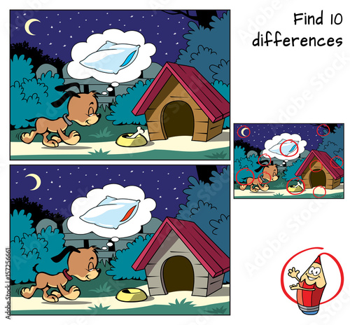 Sleepy little dog. Find 10 differences. Educational game for children. Cartoon vector illustration