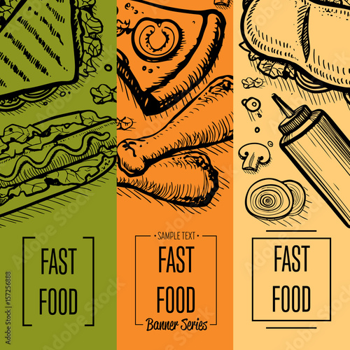 Fast food vintage hand drawn flyer set. Restaurant menu card vector illustration with chicken, pizza, sandwich, dessert, drink. Cafe price catalog, junk food retro poster with snack linear sketches