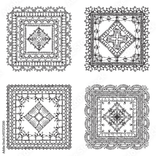 Vector set of lace crochet square ornaments.