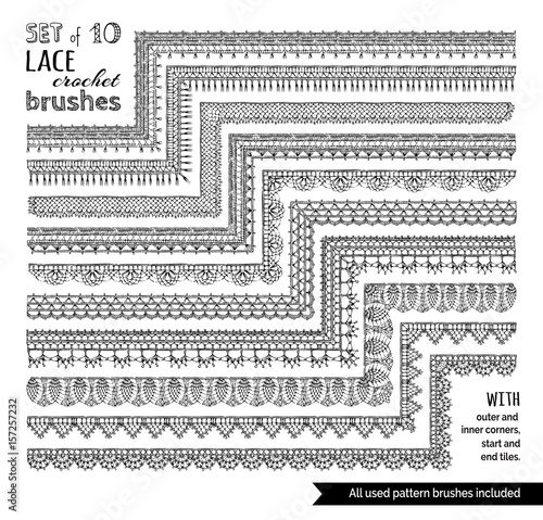 Vector set of 10 doodles lace knitting seamless brushes.