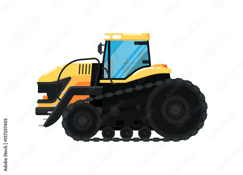 Crawler agriculture tractor isolated vector illustration. Rural industrial farm equipment machinery, comercial transport, agricultural vehicle in flat design