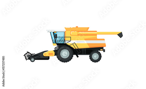 Agriculture combine harvester isolated vector illustration. Rural industrial farm equipment machinery, comercial transport, agricultural vehicle in flat design