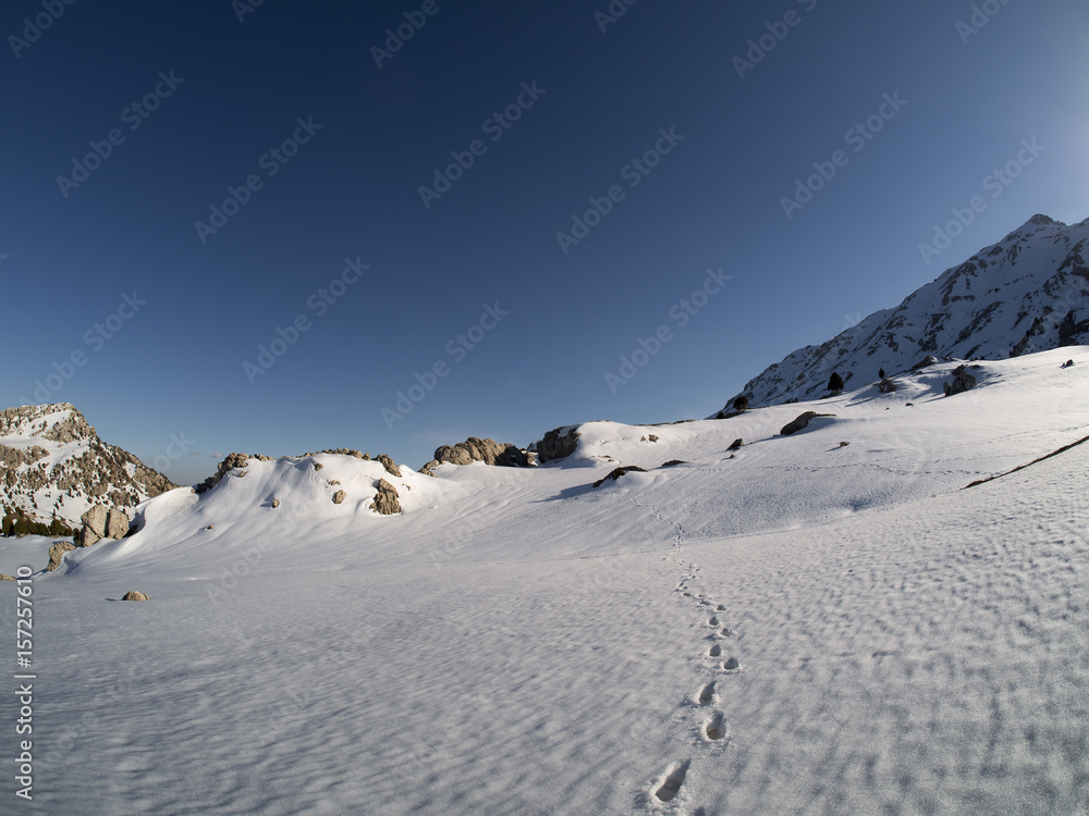 Foot prints on snowy mountain landscape
