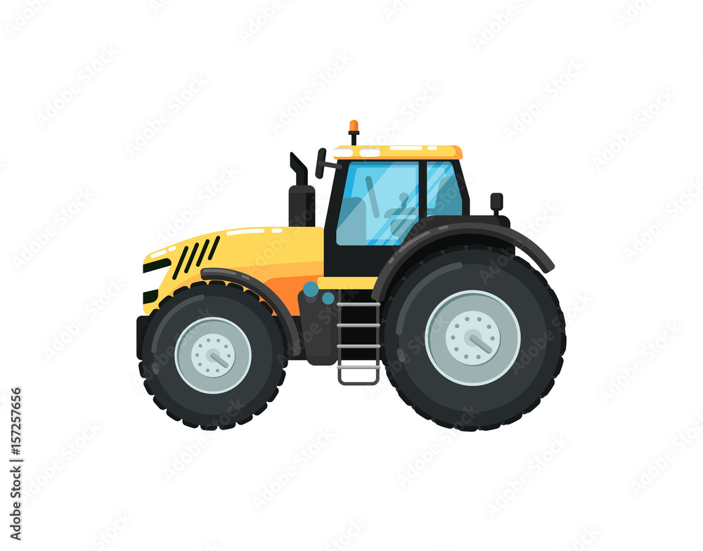 Modern agriculture tractor isolated vector illustration. Rural industrial farm equipment machinery, comercial transport, agricultural vehicle in flat design