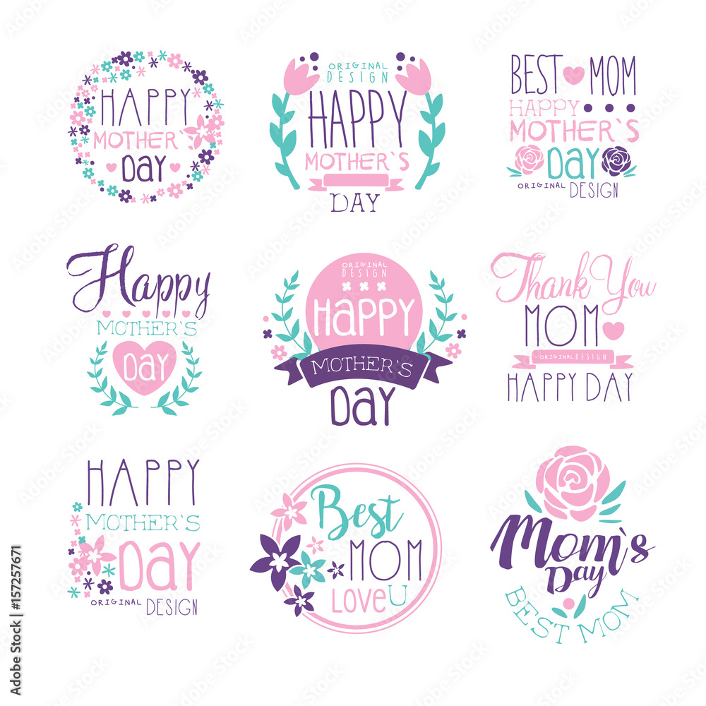 Happy Mothers Day hand drawn label vector Illustrations