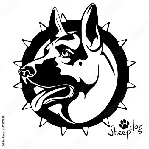 Black and white image of a dog s head to guard a sheepdog