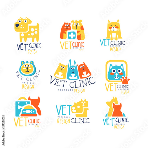 Vet clinic original label design, colorful hand drawn vector Illustrations