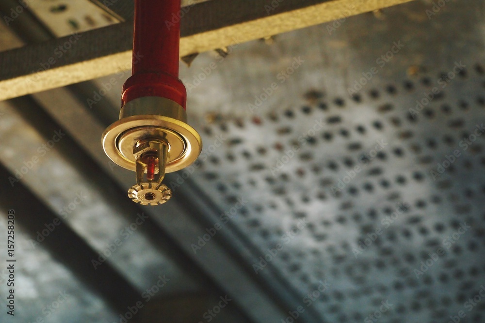 Automatic Fire Sprinkler in red water pipe System - obrazy, fototapety, plakaty 