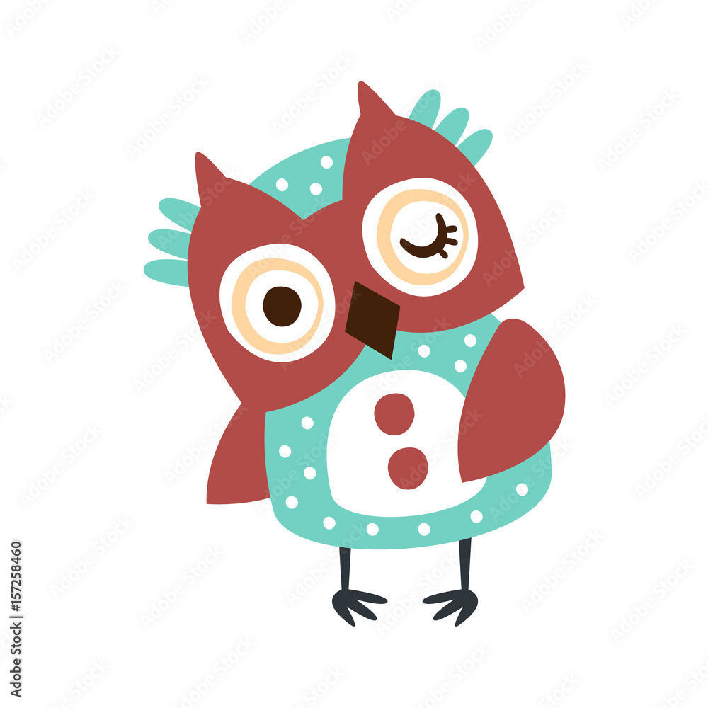 Cute cartoon owl bird winking colorful character vector Illustration
