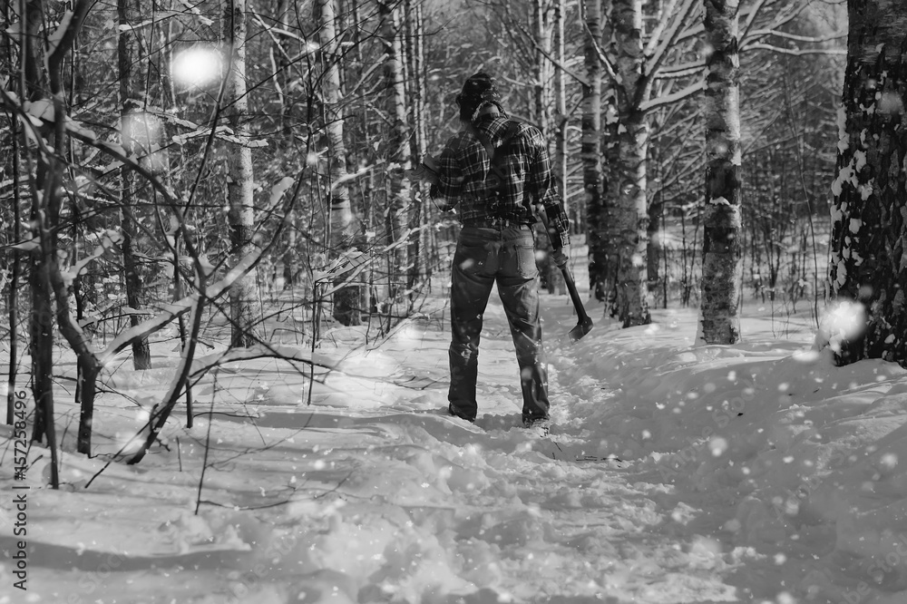 monochrome landscape man with axe monochrome landscape man with axe