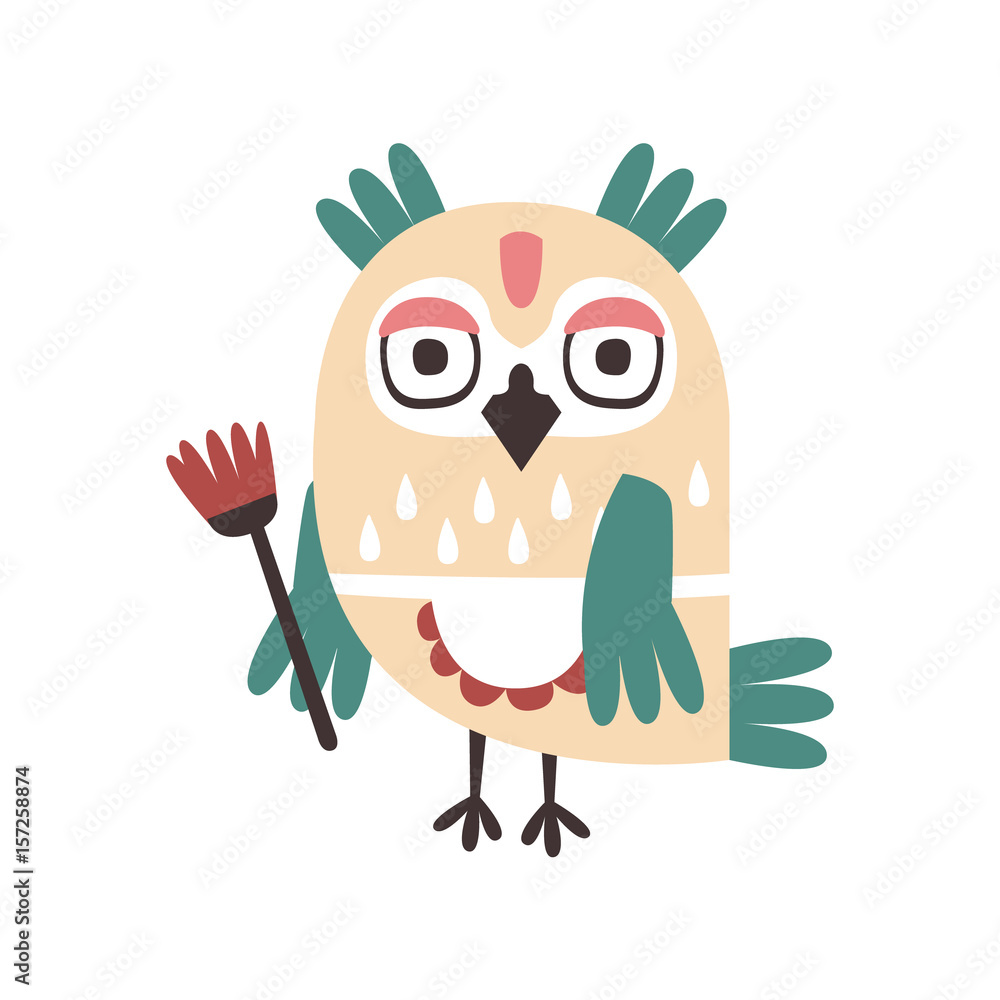 Cute cartoon owl bird holding flower colorful character vector Illustration