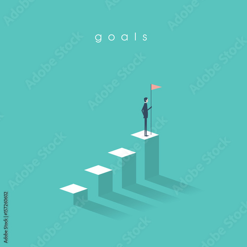 Businessman holding a flag on top of the column graph. Business concept of goals, success, achievement and challenge.