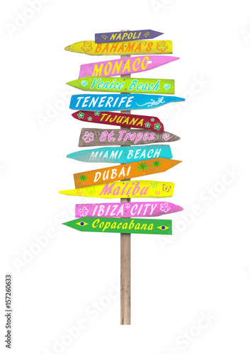 bright colorful wooden directional beach signs with text on pole, isolated on white background. © monicaclick