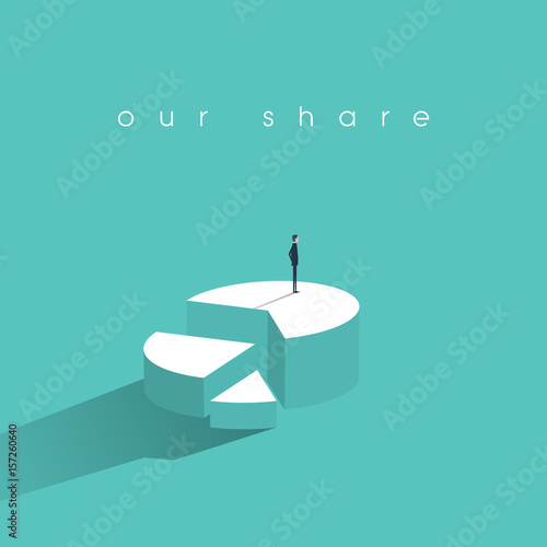 Business market share concept with businessman vector icon standing on top of pie chart.