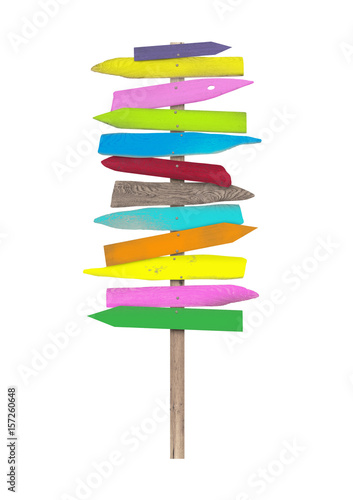 bright colorful blank wooden directional beach signs on pole, isolated on white background.