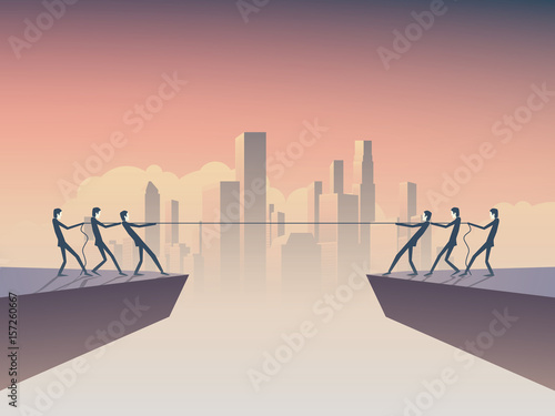 Business tug of war vector symbol with businessman pulling rope as a symbol of business competition. Corporate skyline, cityscape background.