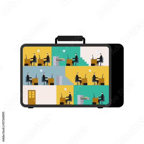 Office in case. mobile Workplace in suitcase. Managers working on computer. Business situation. Boss and subordinate relationship. Tables and File Cabinet. Businessman at work