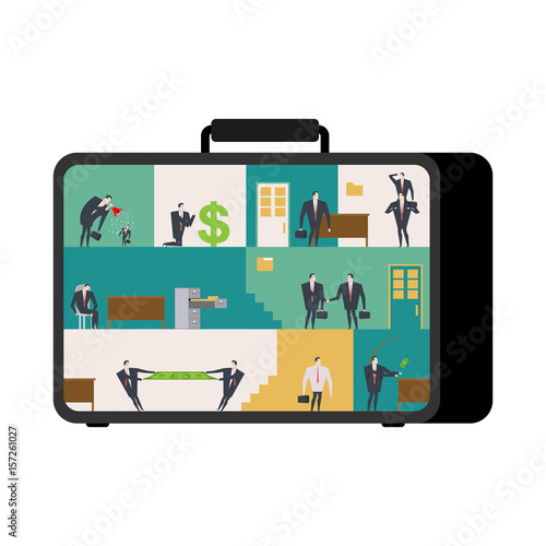 Office in case. mobile Workplace in suitcase. Managers working on computer. Business situation. Boss and subordinate relationship. Tables and File Cabinet. Businessman at work