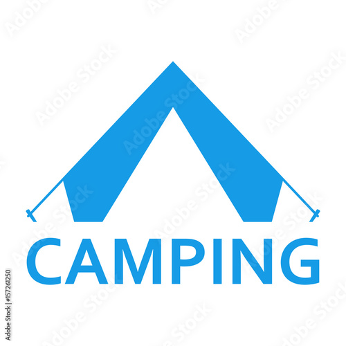 Icono plano CAMPING y tienda de camping azul en fondo blanco