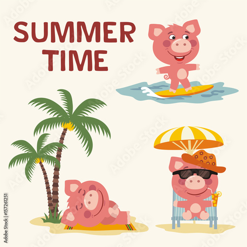 Summer time. Set happy pig resting on beach. Collection cartoon pig surfing, laying under palm tree, resting in recliner with cocktail.
