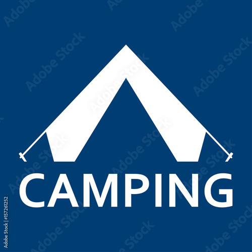 Icono plano CAMPING y tienda de camping blanco en fondo azul