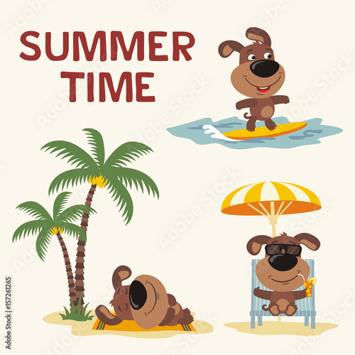 Summer time. Set happy puppy dog resting on beach. Collection cartoon puppy dog surfing, laying under palm tree, resting in recliner with cocktail.
